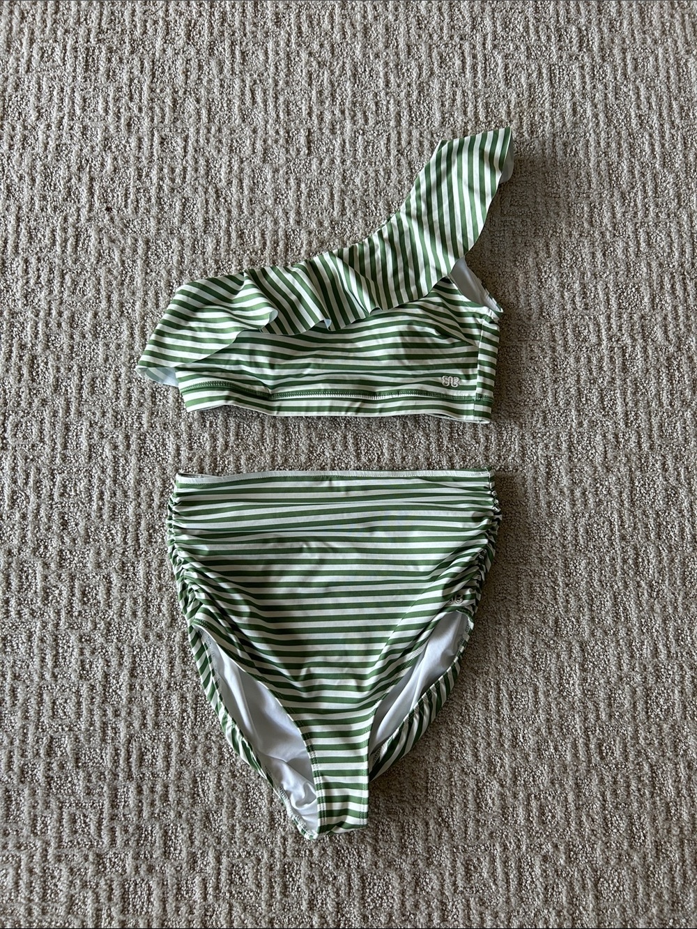 Albion Green and White Striped One-Shoulder Bikini Set with alternate top